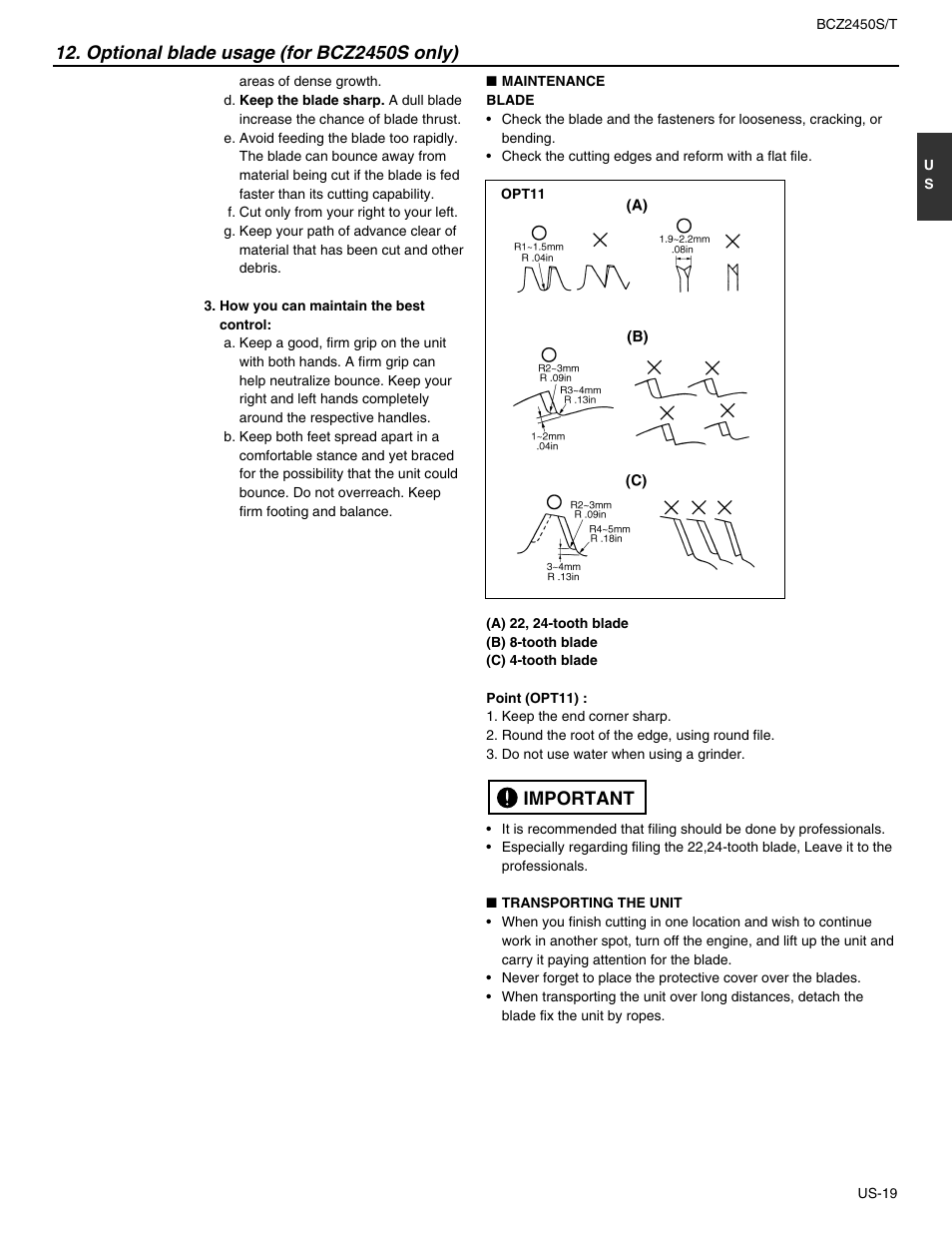 Important, Optional blade usage (for bcz2450s only) | RedMax BCZ2450T User Manual | Page 21 / 76