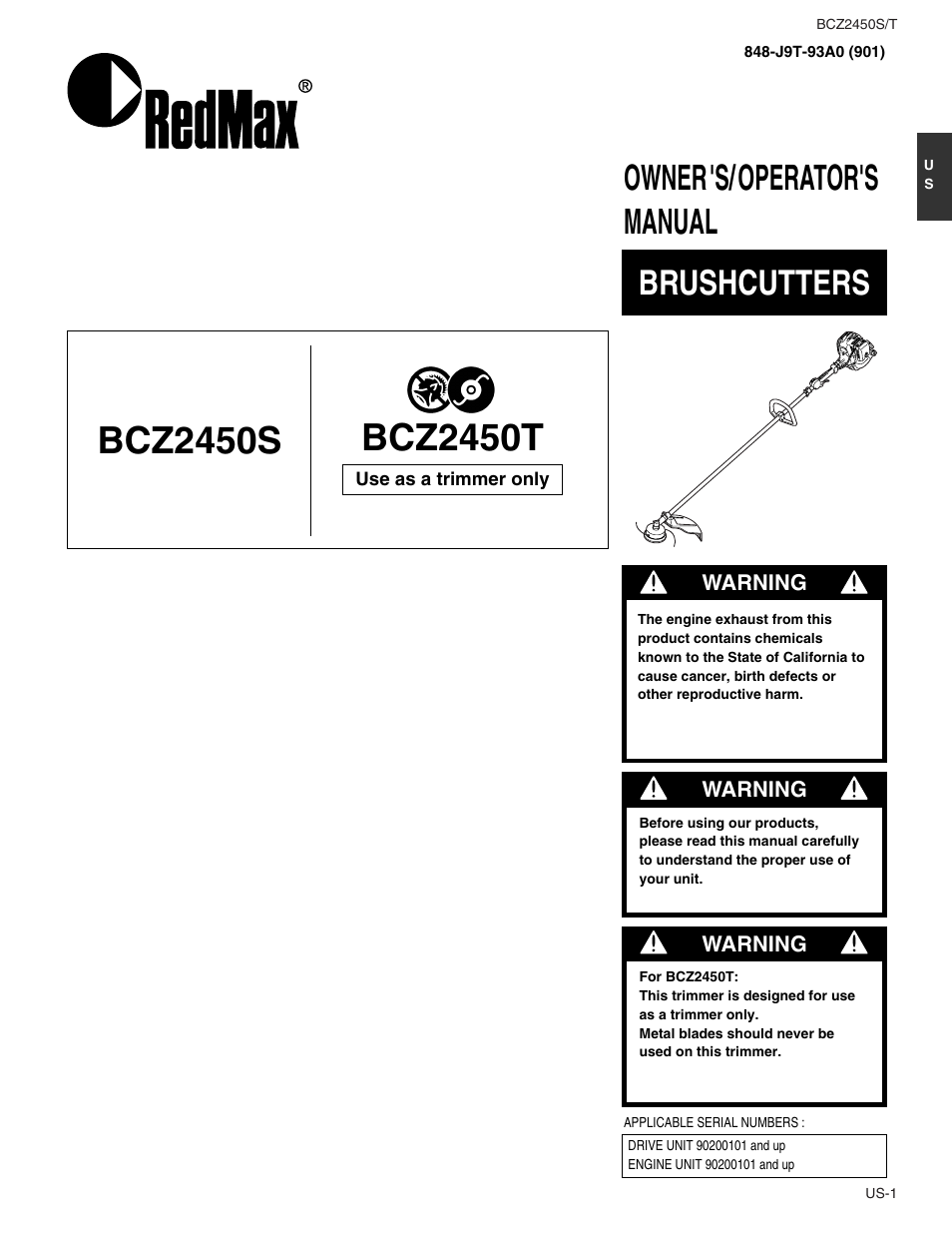 Bcz2450t, Bcz2450s, Owner's/operator's manual brushcutters | RedMax BCZ2450T User Manual | Page 3 / 76