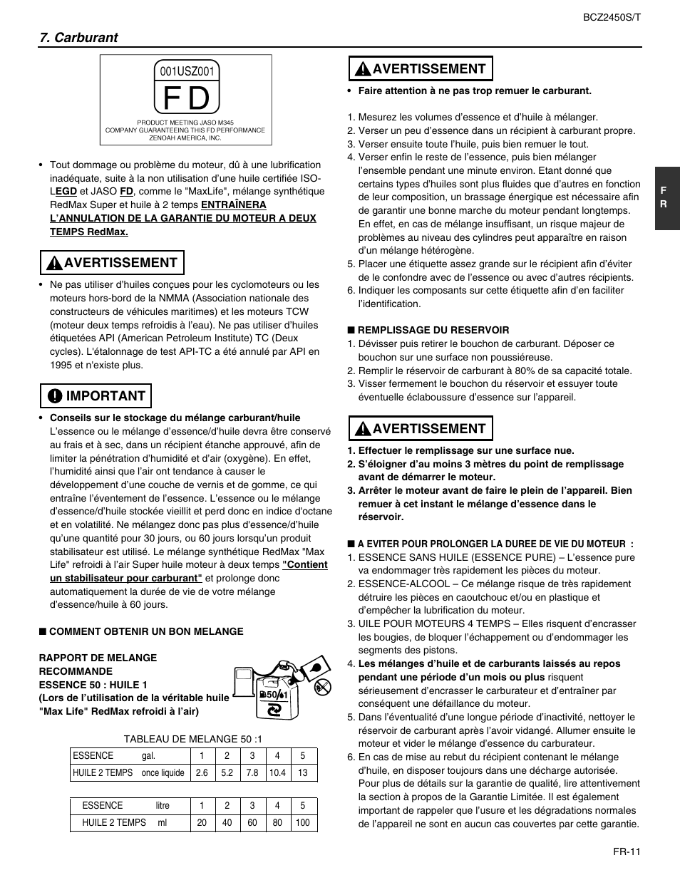 Carburant, Important avertissement, Avertissement | RedMax BCZ2450T User Manual | Page 33 / 76
