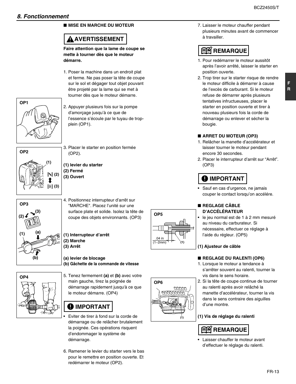 Remarque important remarque 8. fonctionnement, Important avertissement | RedMax BCZ2450T User Manual | Page 35 / 76