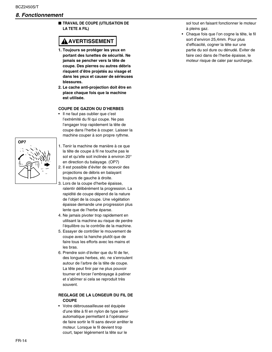 Fonctionnement, Avertissement | RedMax BCZ2450T User Manual | Page 36 / 76