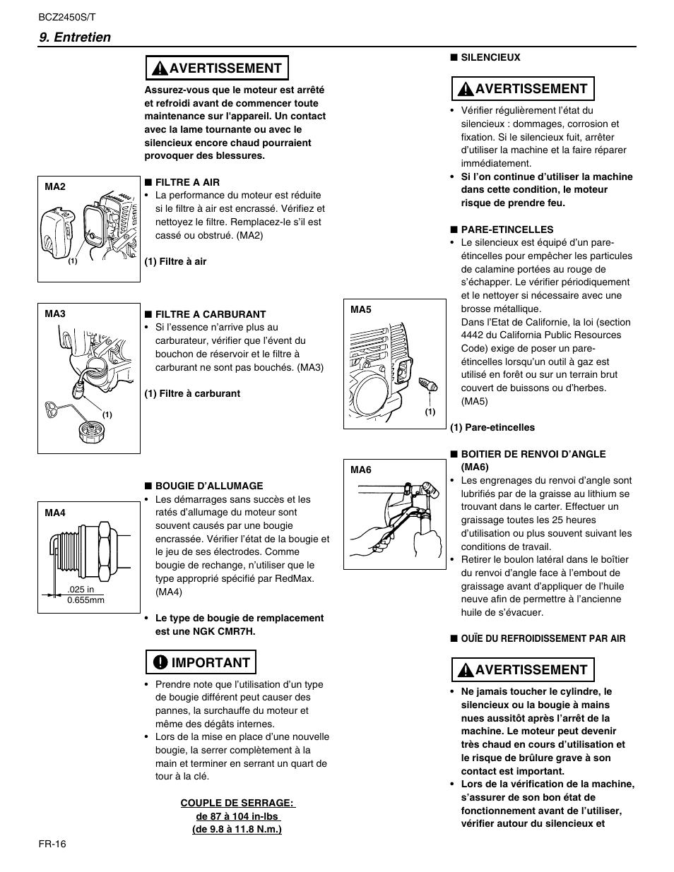 Important avertissement 9. entretien, Avertissement | RedMax BCZ2450T User Manual | Page 38 / 76