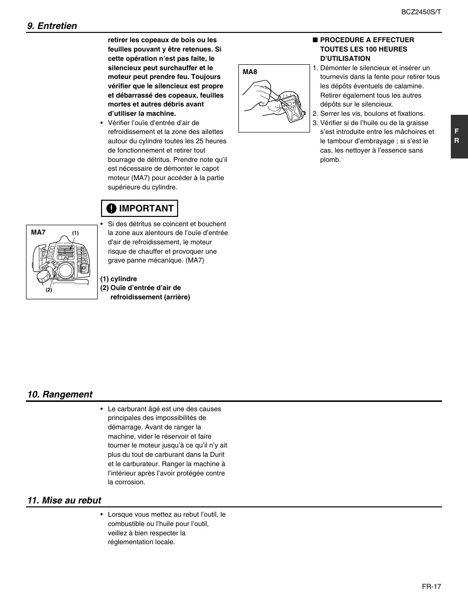 Entretien, Rangement 11. mise au rebut, Important | RedMax BCZ2450T User Manual | Page 39 / 76