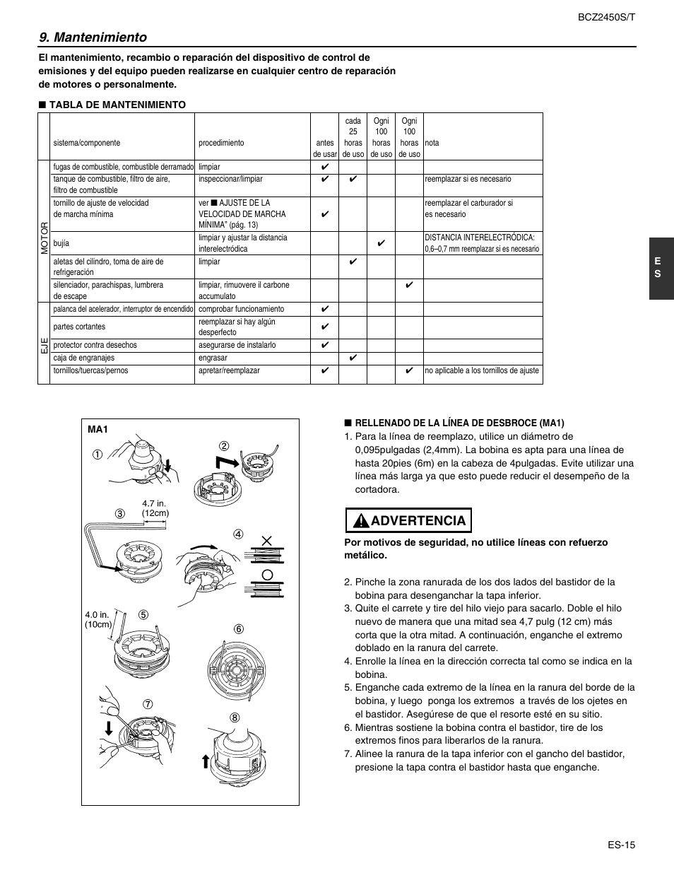 Advertencia, Mantenimiento | RedMax BCZ2450T User Manual | Page 59 / 76