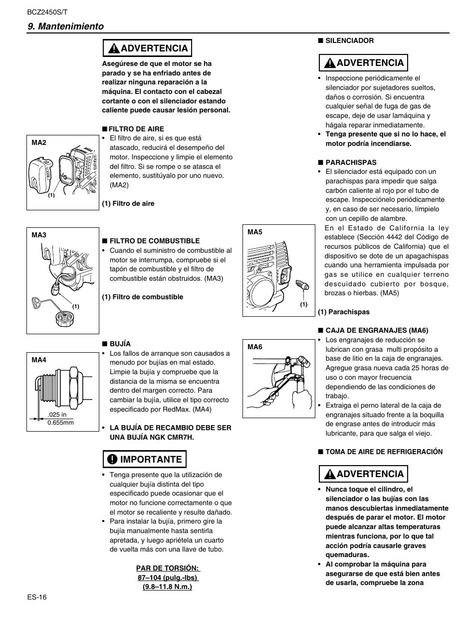 Mantenimiento, Importante advertencia, Advertencia | RedMax BCZ2450T User Manual | Page 60 / 76