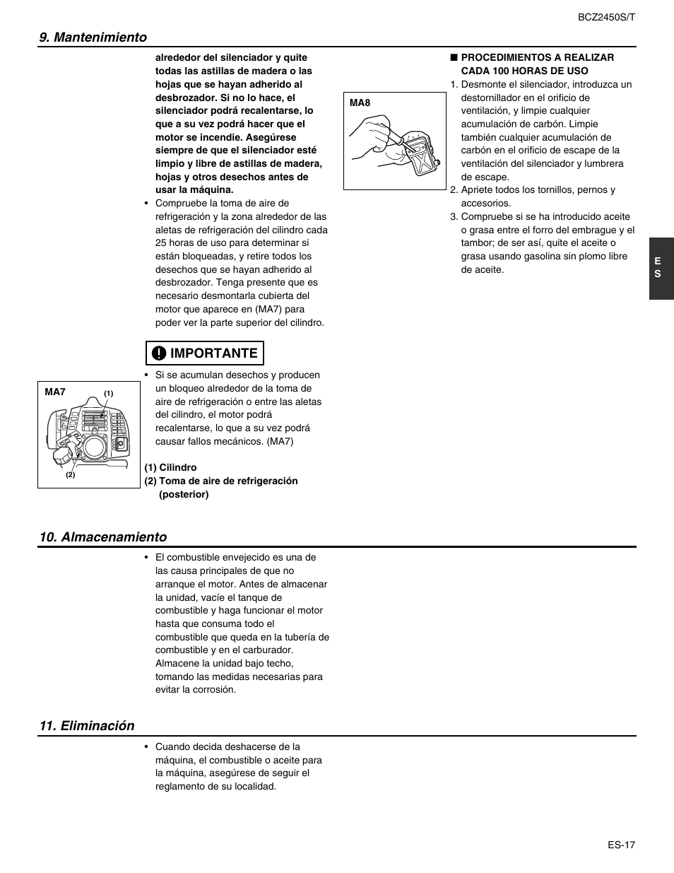 Mantenimiento, Almacenamiento 11. eliminación, Importante | RedMax BCZ2450T User Manual | Page 61 / 76