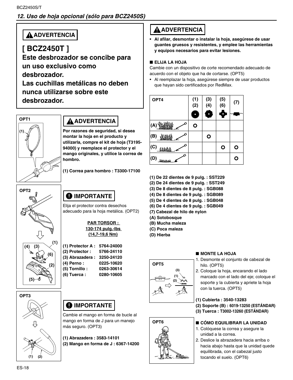 Bcz2450t, Importante, Importante advertencia | Advertencia | RedMax BCZ2450T User Manual | Page 62 / 76