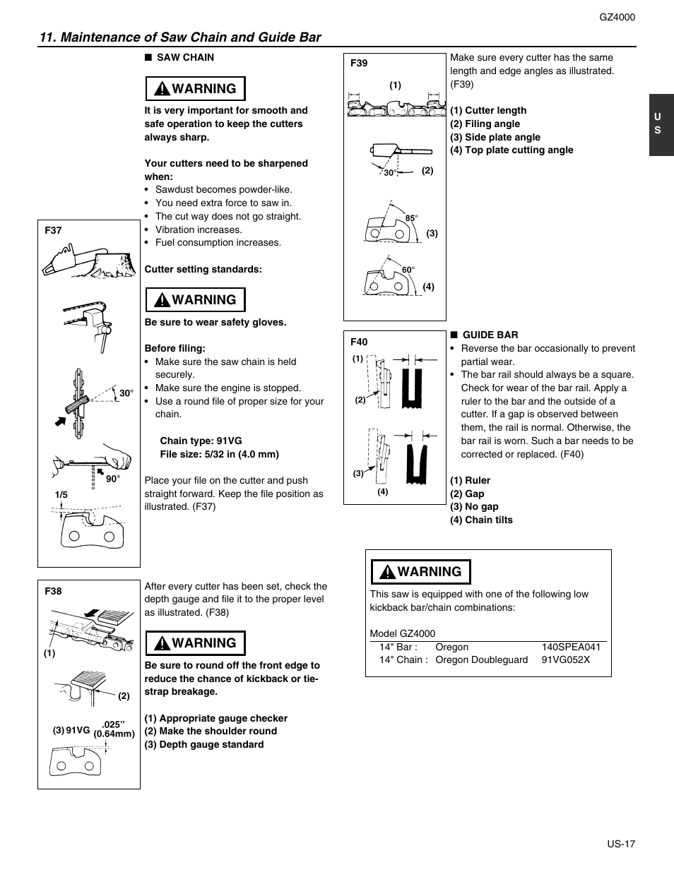 Maintenance of saw chain and guide bar, Warning | RedMax GZ4000 User Manual | Page 17 / 20
