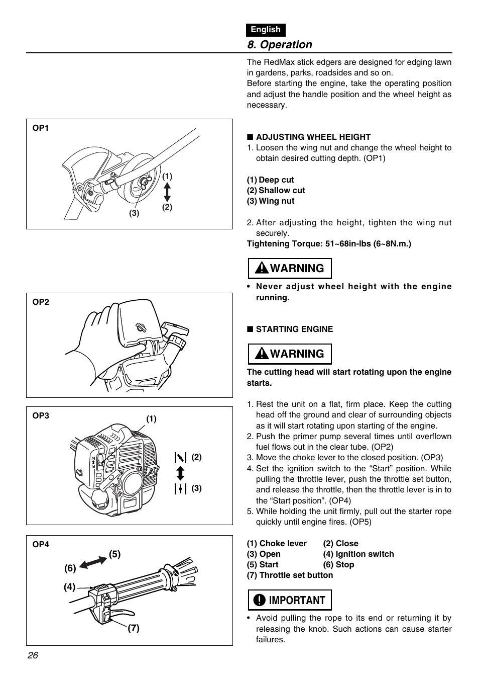 Operation, Important warning warning | RedMax HEZ2601F User Manual | Page 26 / 56