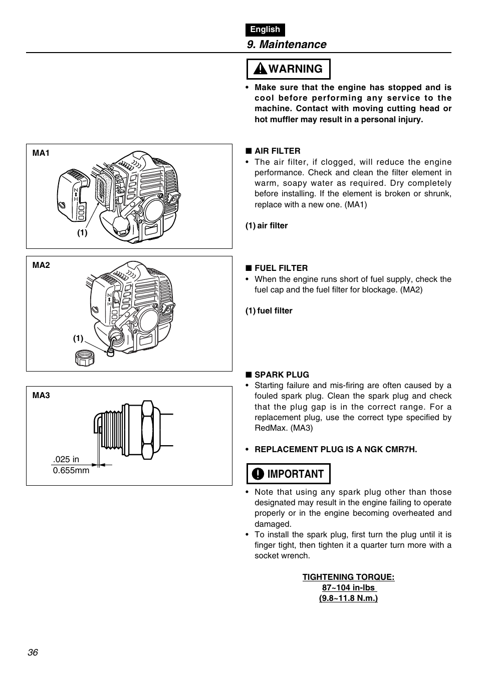 Maintenance, Important warning | RedMax HEZ2601F User Manual | Page 36 / 56