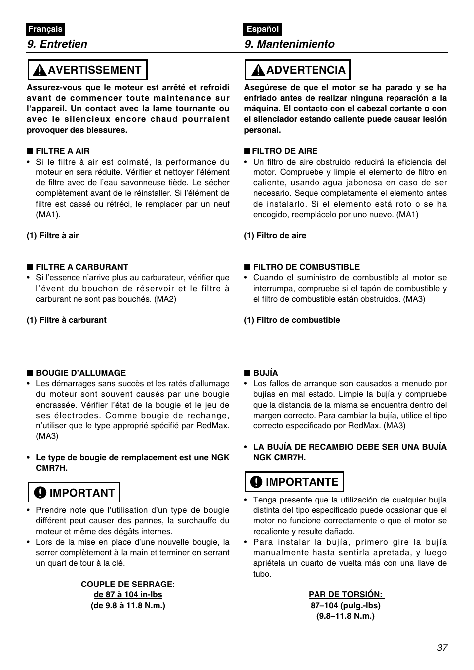 Entretien 9. mantenimiento, Important avertissement, Importante advertencia | RedMax HEZ2601F User Manual | Page 37 / 56