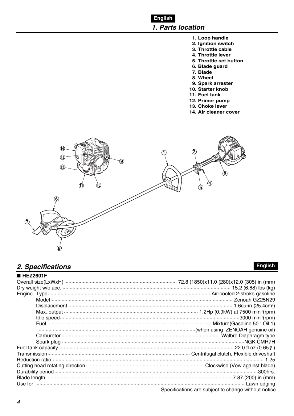 Parts location, Specifications | RedMax HEZ2601F User Manual | Page 4 / 56
