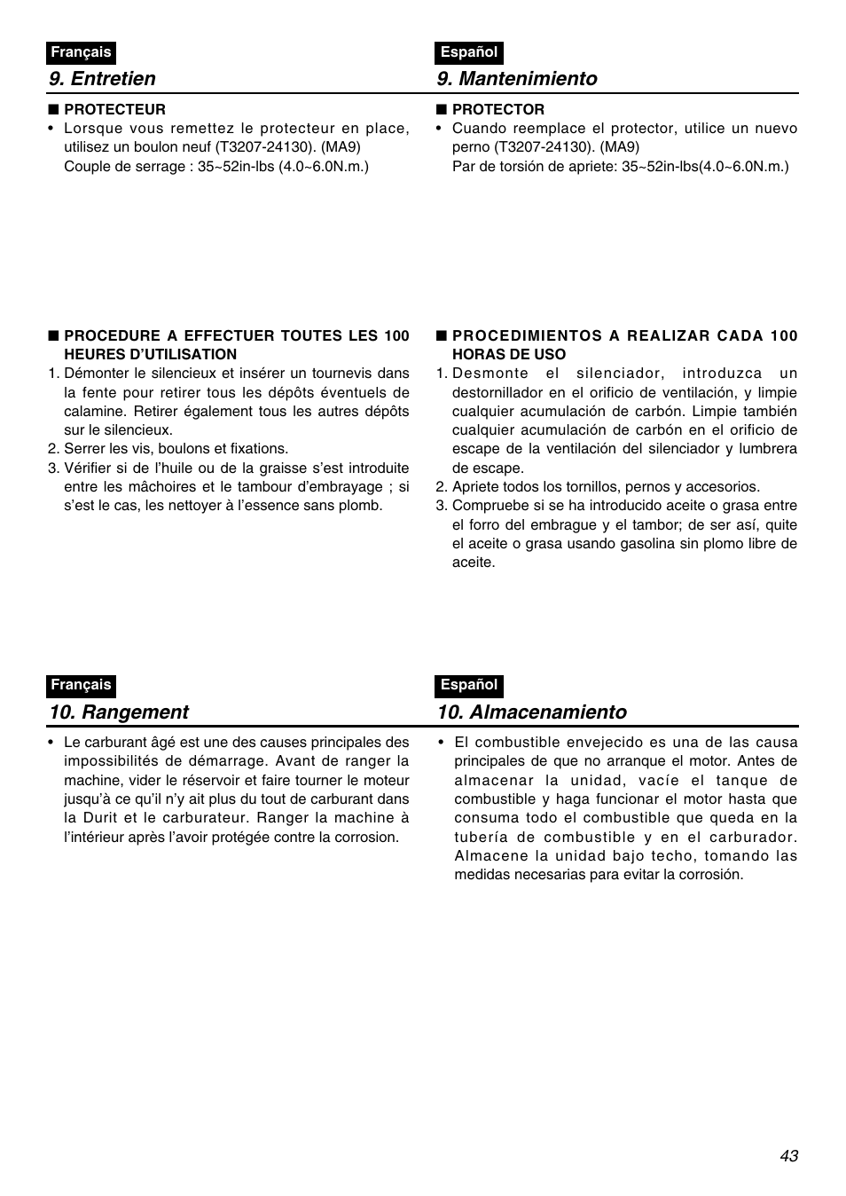 Entretien 9. mantenimiento, Rangement 10. almacenamiento | RedMax HEZ2601F User Manual | Page 43 / 56