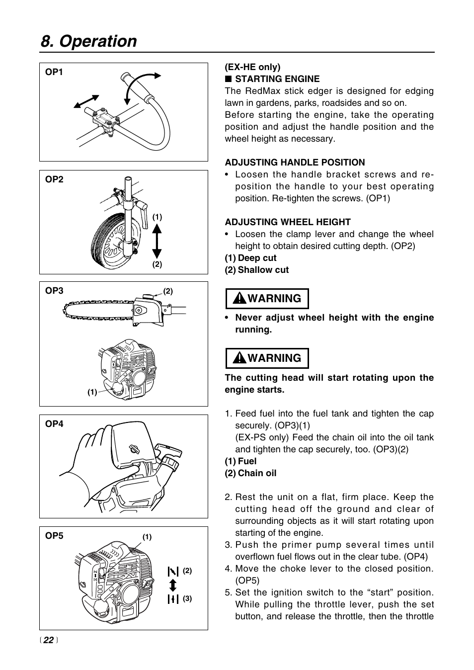 Operation, Warning | RedMax EXTREME EXZ2500S-BC User Manual | Page 22 / 64
