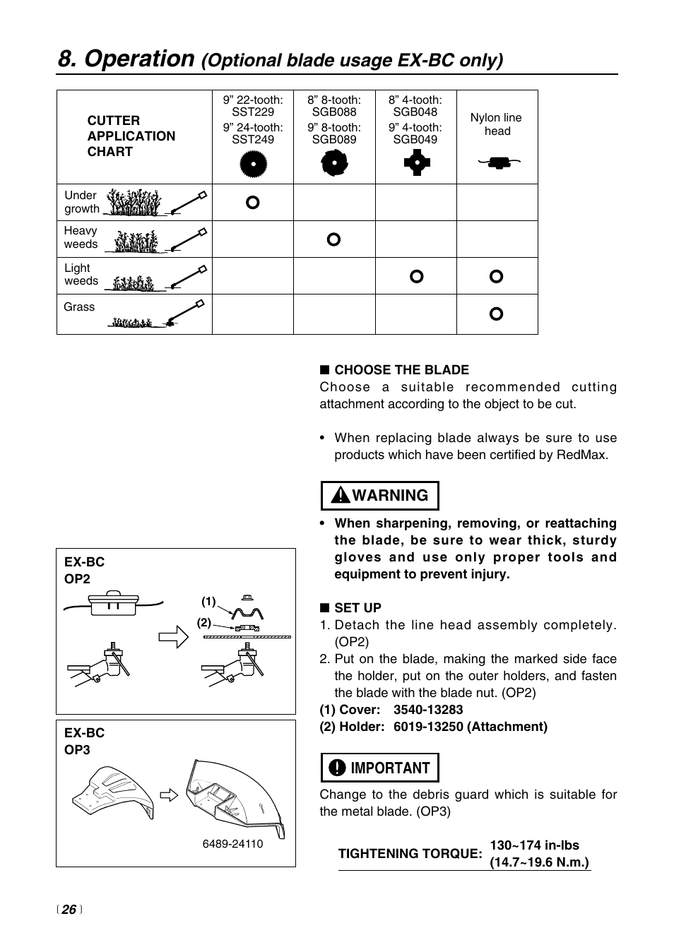 Operation, Optional blade usage ex-bc only), Important warning | RedMax EXTREME EXZ2500S-BC User Manual | Page 26 / 64
