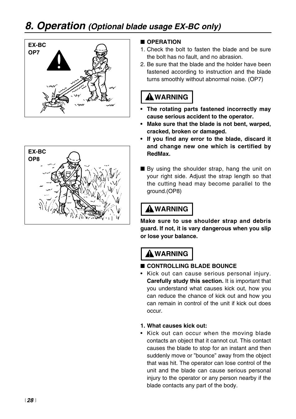Operation, Optional blade usage ex-bc only) | RedMax EXTREME EXZ2500S-BC User Manual | Page 28 / 64