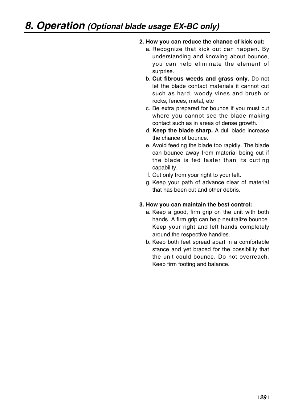 Operation, Optional blade usage ex-bc only) | RedMax EXTREME EXZ2500S-BC User Manual | Page 29 / 64