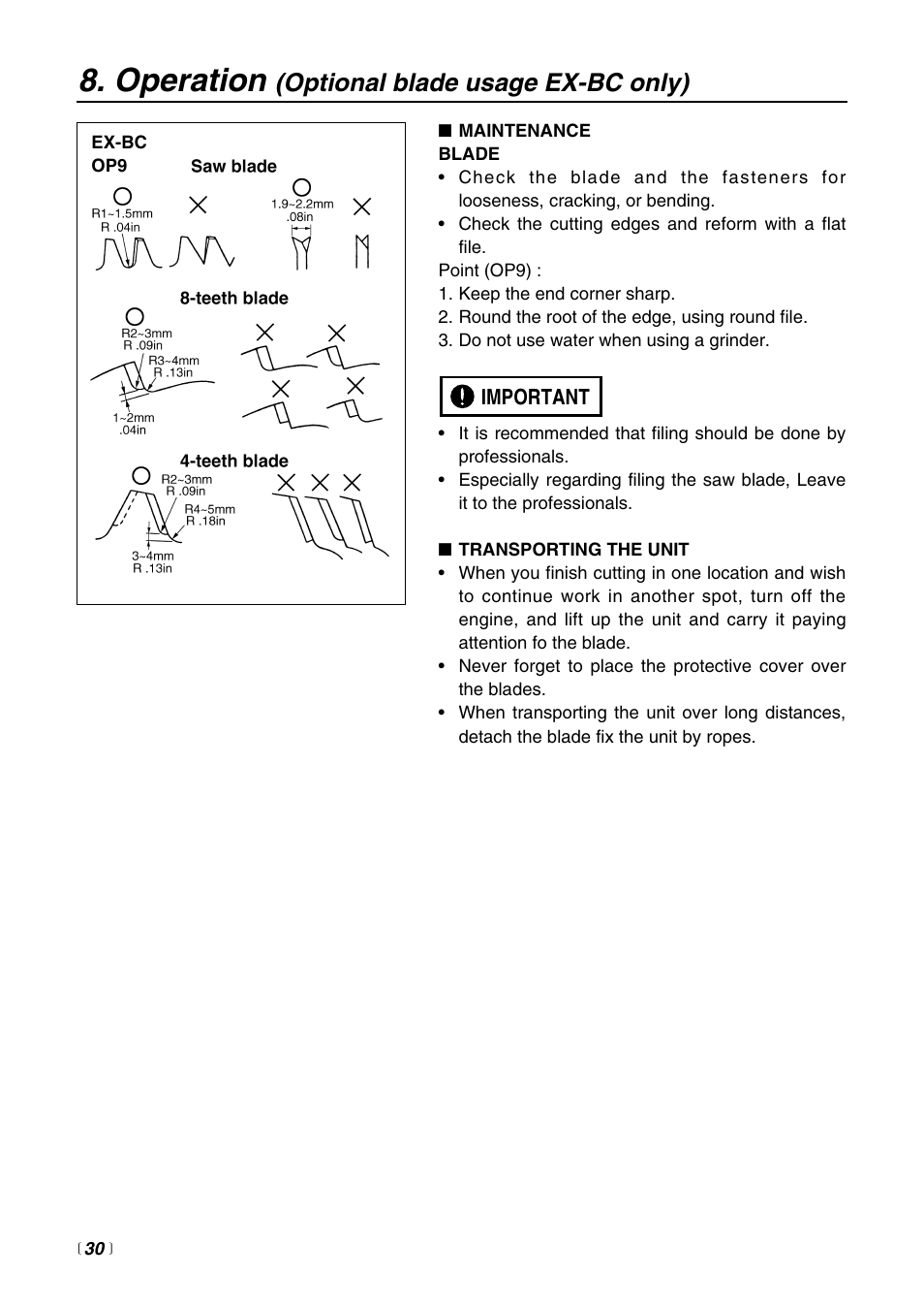 Operation, Optional blade usage ex-bc only) | RedMax EXTREME EXZ2500S-BC User Manual | Page 30 / 64