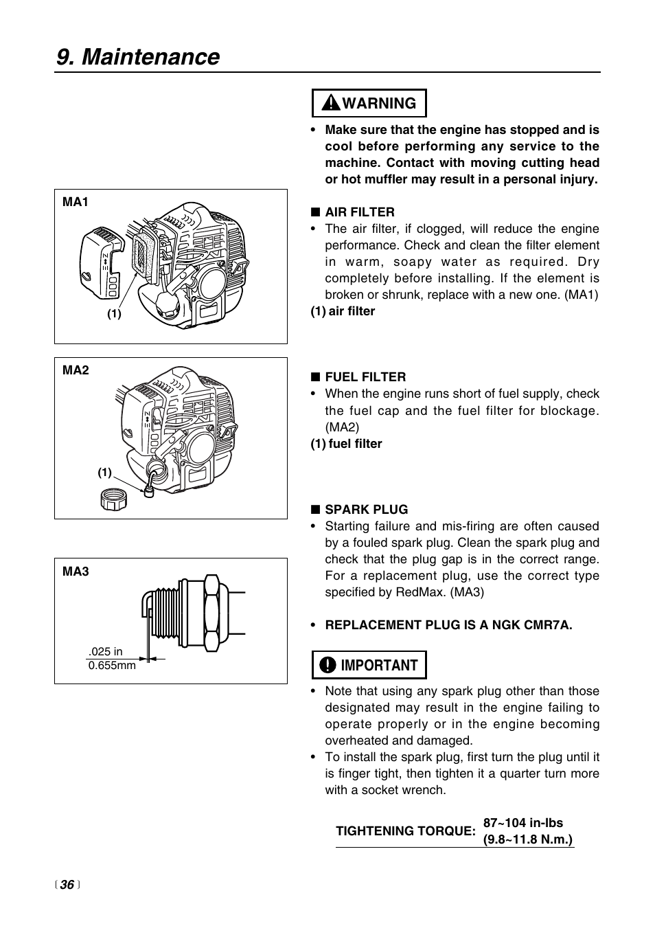 Maintenance | RedMax EXTREME EXZ2500S-BC User Manual | Page 36 / 64