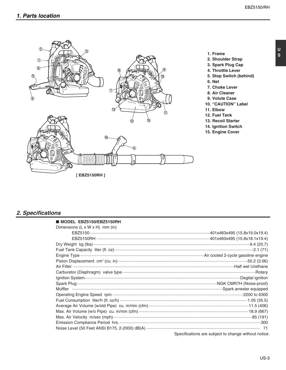 Parts location, Specifications | RedMax EBZ5150RH User Manual | Page 3 / 18