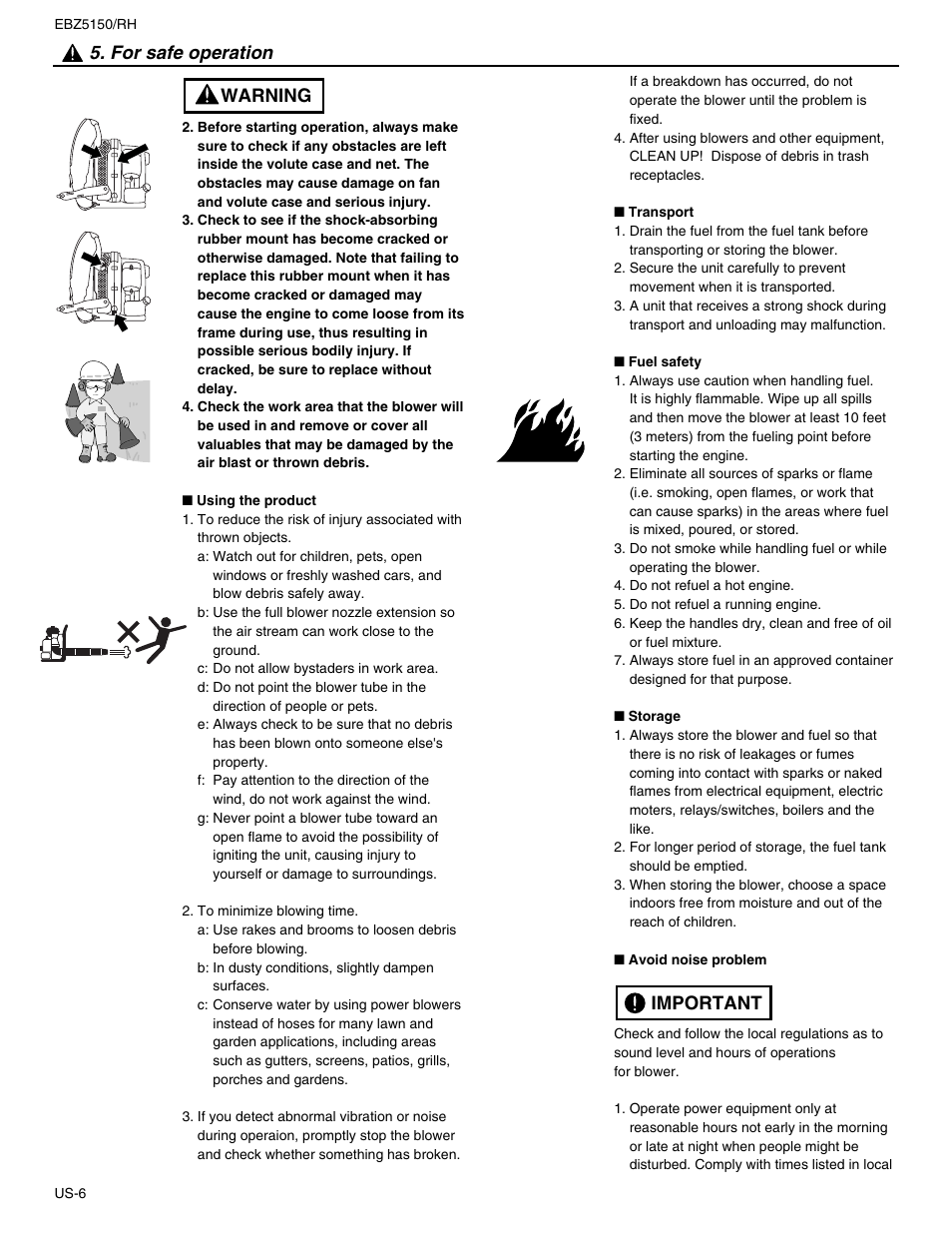 For safe operation, Warning, Important | RedMax EBZ5150RH User Manual | Page 6 / 18