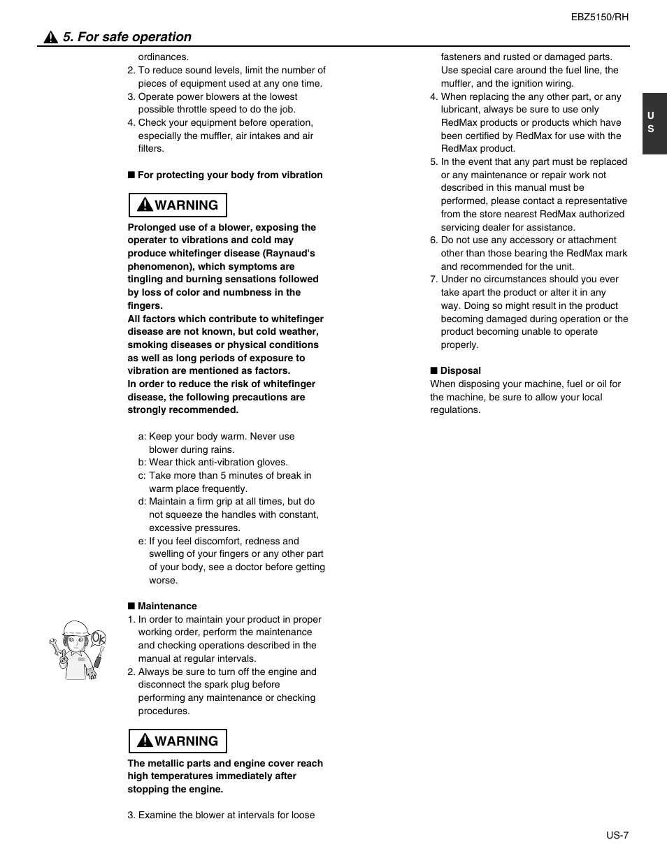 For safe operation, Warning | RedMax EBZ5150RH User Manual | Page 7 / 18