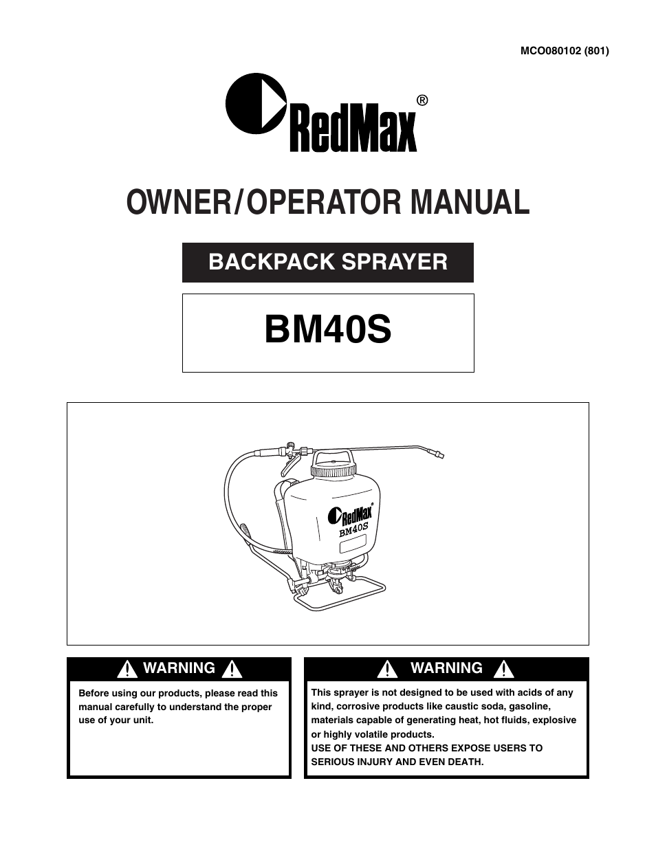 RedMax Backpack Sprayer BM40S User Manual | 12 pages