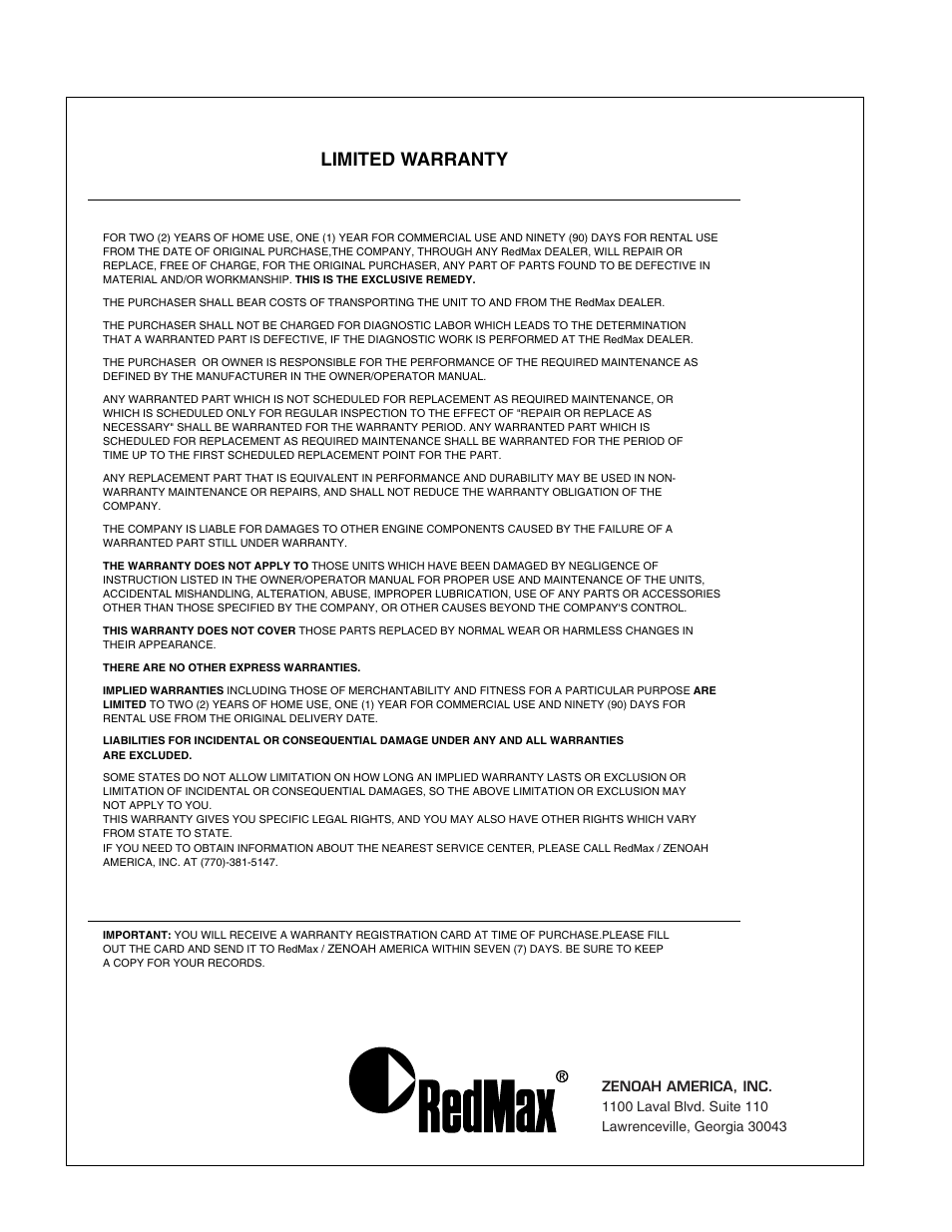 Limited warranty | RedMax Backpack Sprayer BM40S User Manual | Page 12 / 12