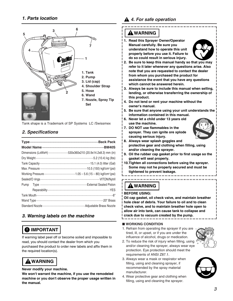 Parts location 3. warning labels on the machine, Warning important, Warning | For safe operation 2. specifications | RedMax Backpack Sprayer BM40S User Manual | Page 3 / 12