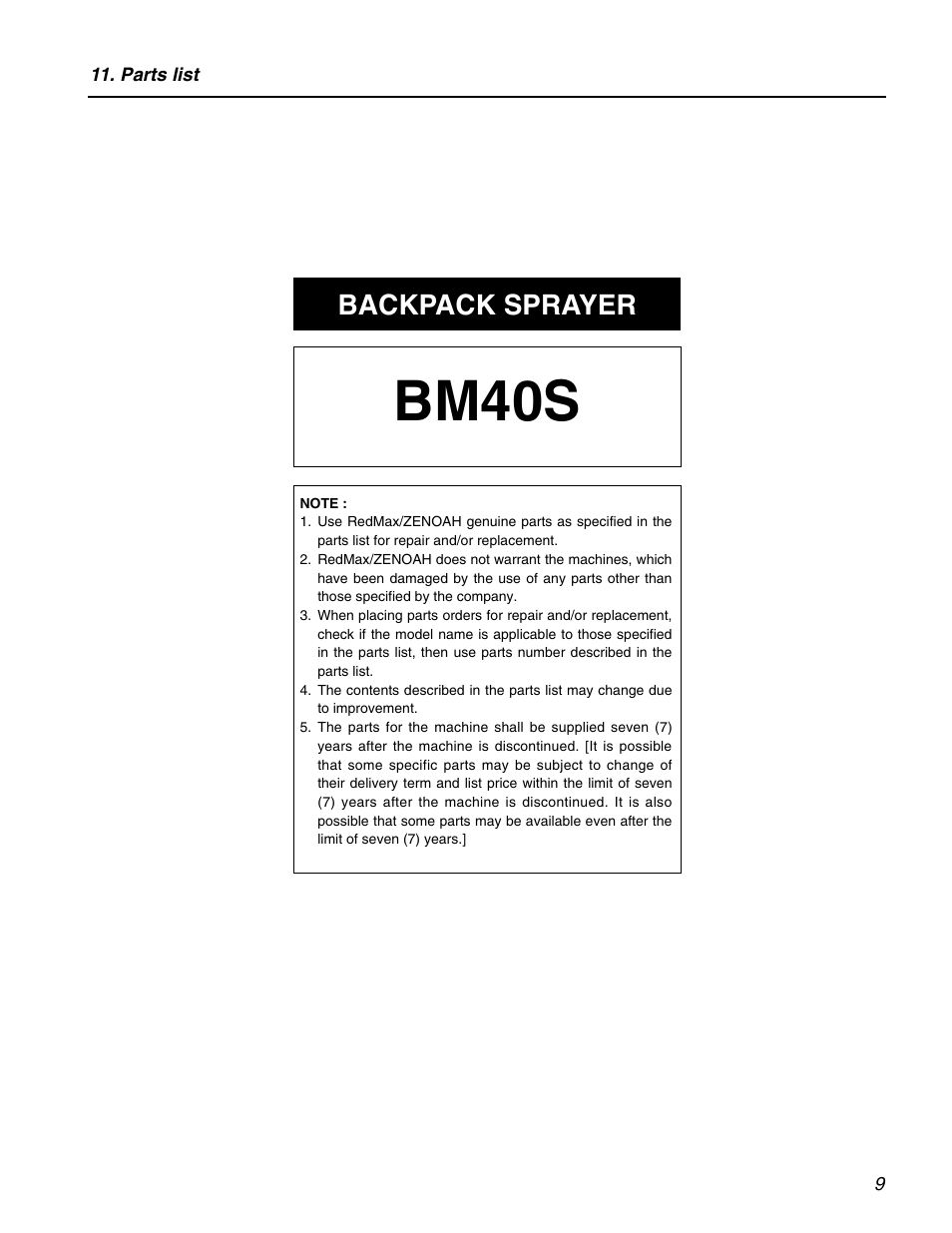 Bm40s, Backpack sprayer | RedMax Backpack Sprayer BM40S User Manual | Page 9 / 12