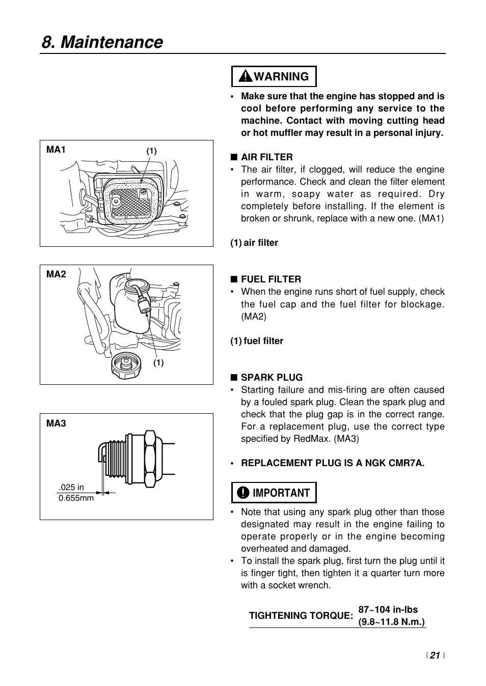 Maintenance | RedMax HTZ2400 User Manual | Page 21 / 36