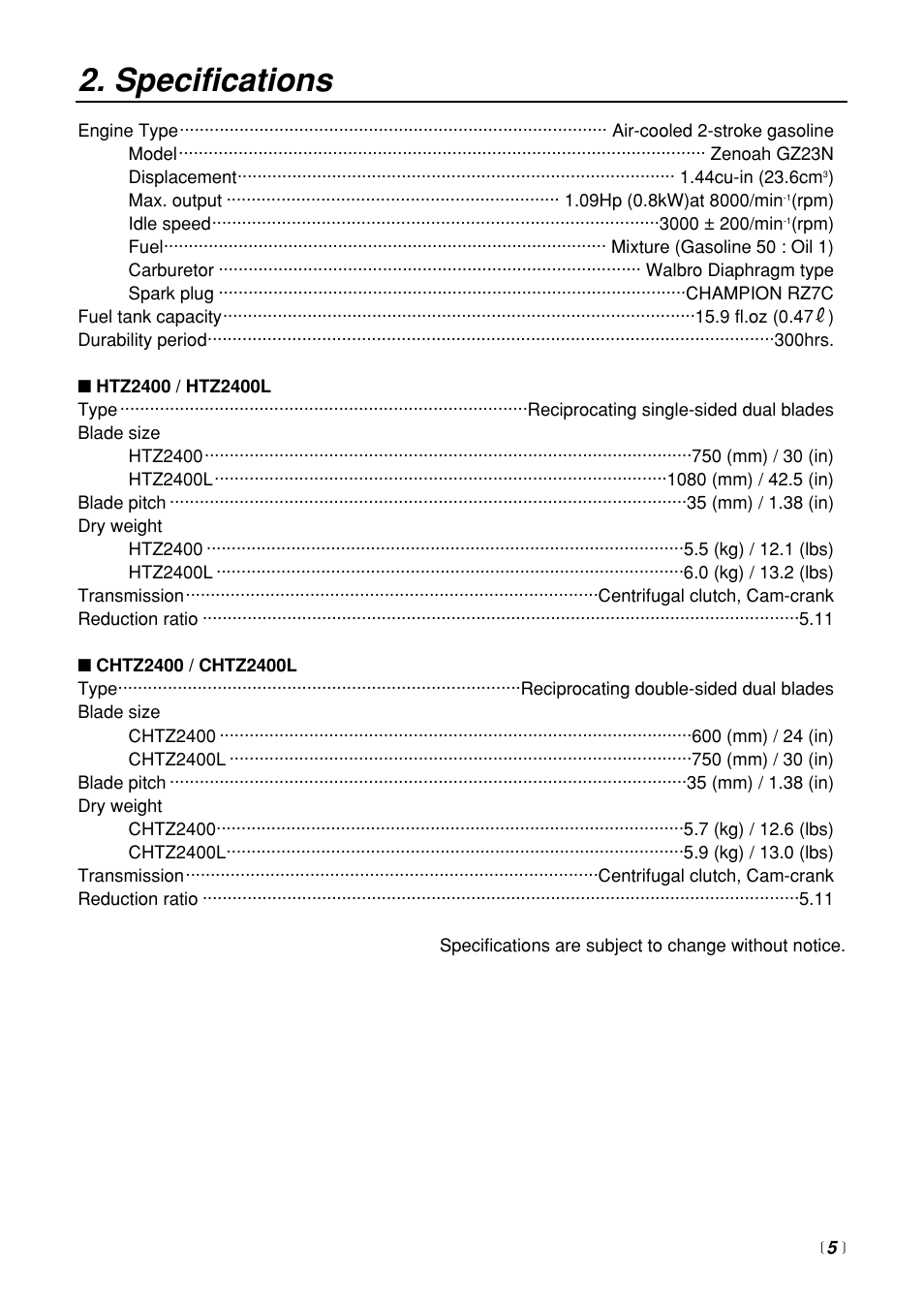 Specifications | RedMax HTZ2400 User Manual | Page 5 / 36