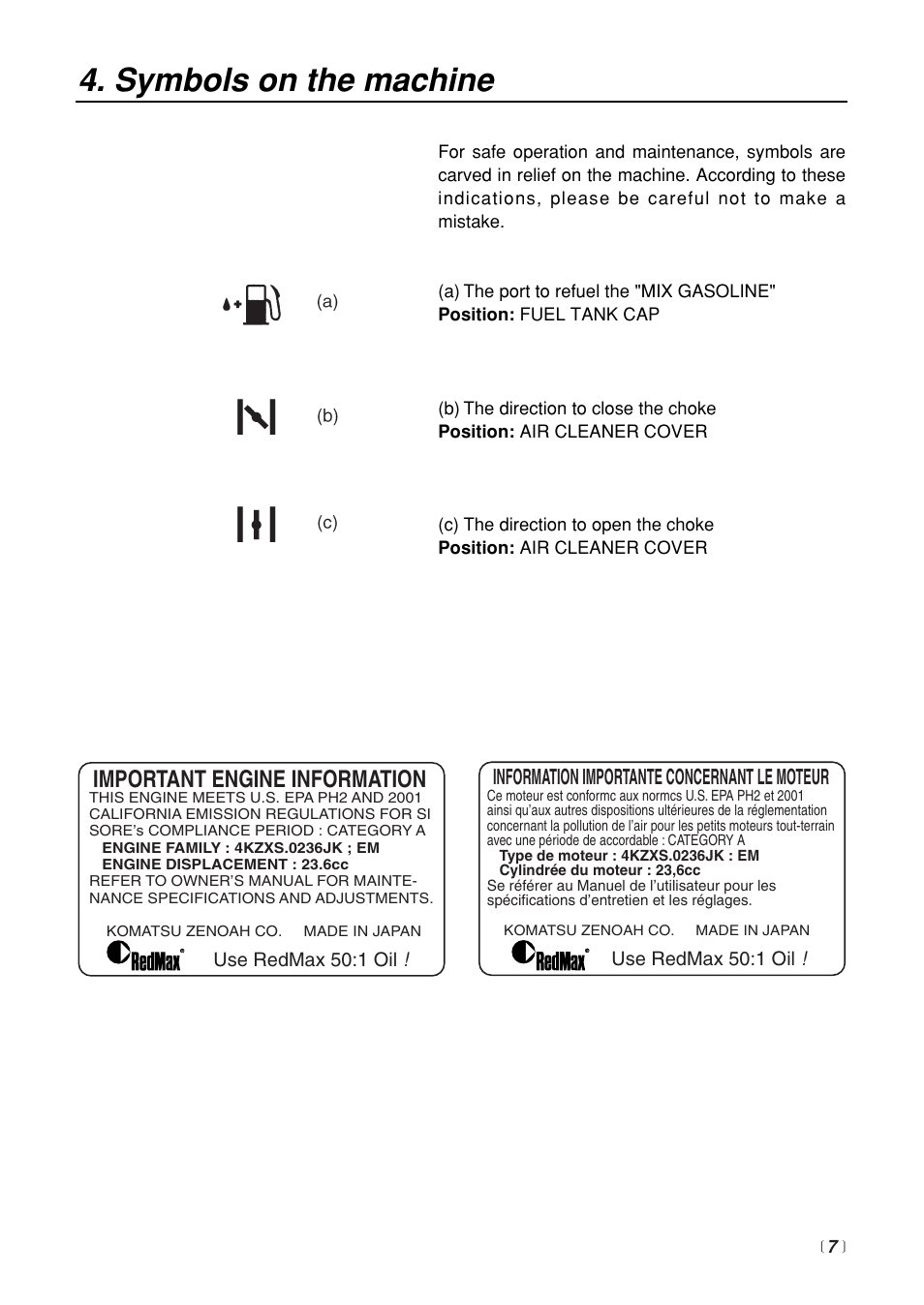 Symbols on the machine, Important engine information | RedMax HTZ2400 User Manual | Page 7 / 36