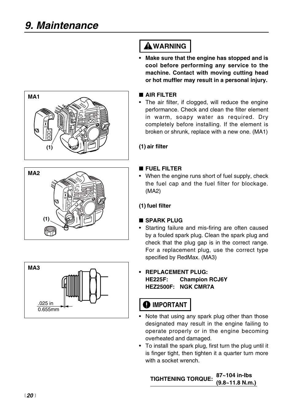 Maintenance, Important warning | RedMax HE225F User Manual | Page 20 / 36