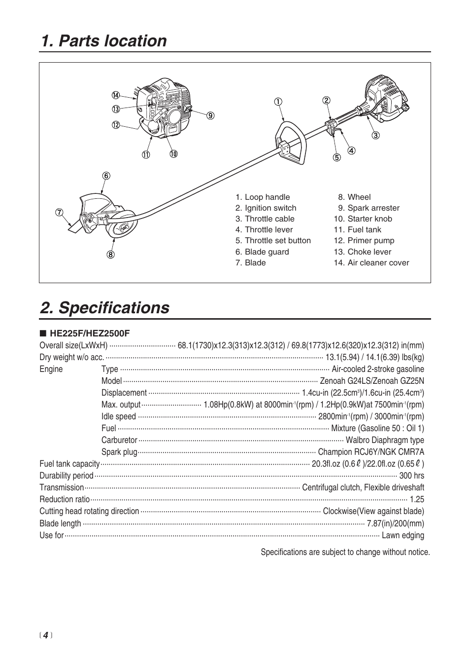 Specifications, Parts location | RedMax HE225F User Manual | Page 4 / 36