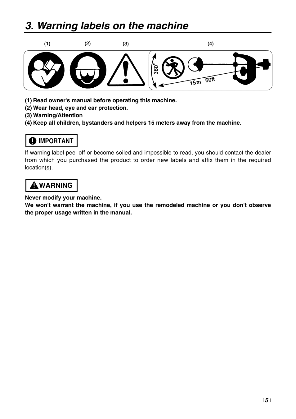 Warning labels on the machine | RedMax HE225F User Manual | Page 5 / 36