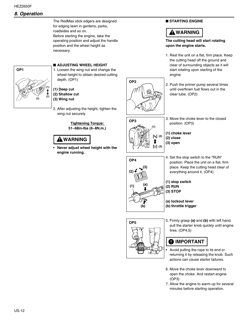 Operation, Warning, Important warning | RedMax HEZ2650F User Manual | Page 12 / 18