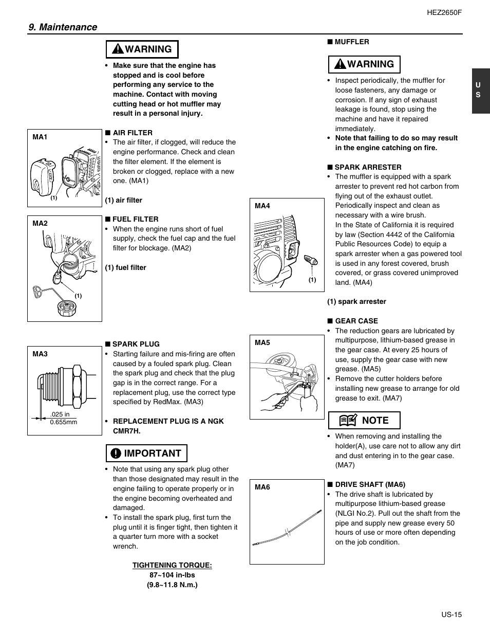 Important warning, Maintenance | RedMax HEZ2650F User Manual | Page 15 / 18