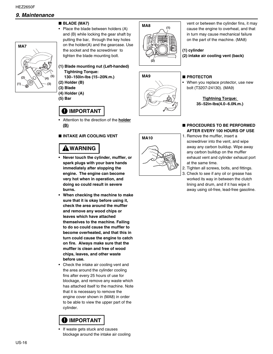 Maintenance, Important warning important | RedMax HEZ2650F User Manual | Page 16 / 18