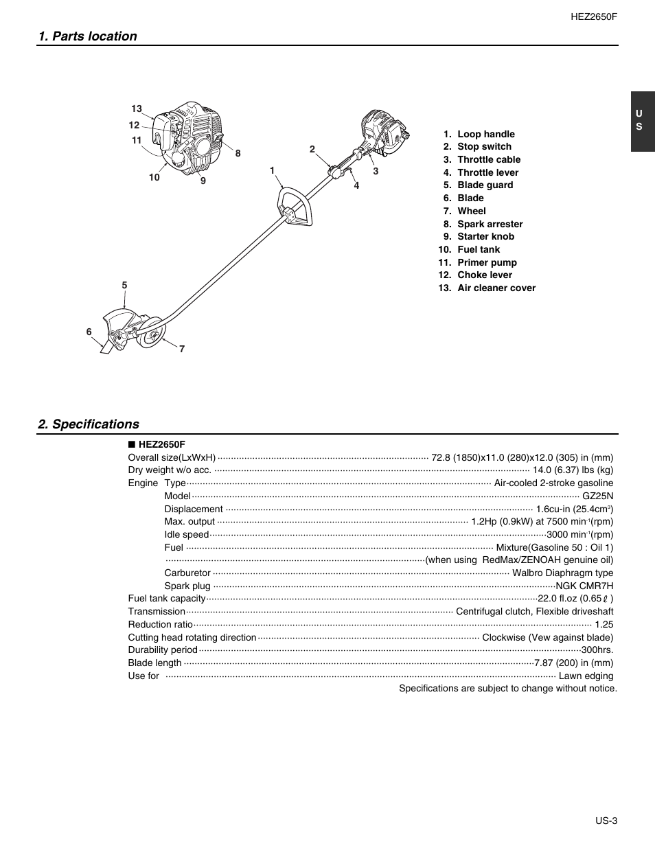 Parts location, Specifications | RedMax HEZ2650F User Manual | Page 3 / 18