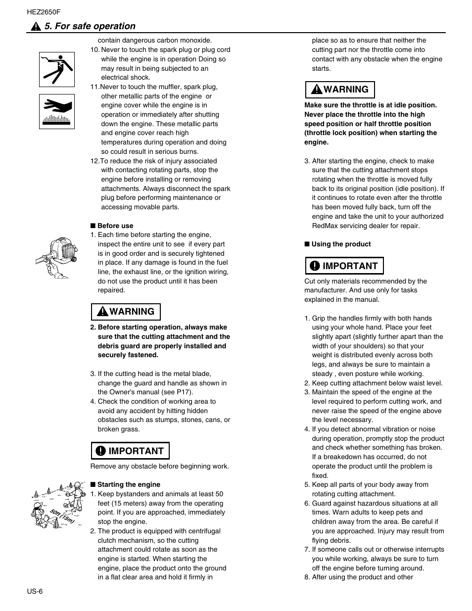 Important warning 5. for safe operation, Important warning | RedMax HEZ2650F User Manual | Page 6 / 18