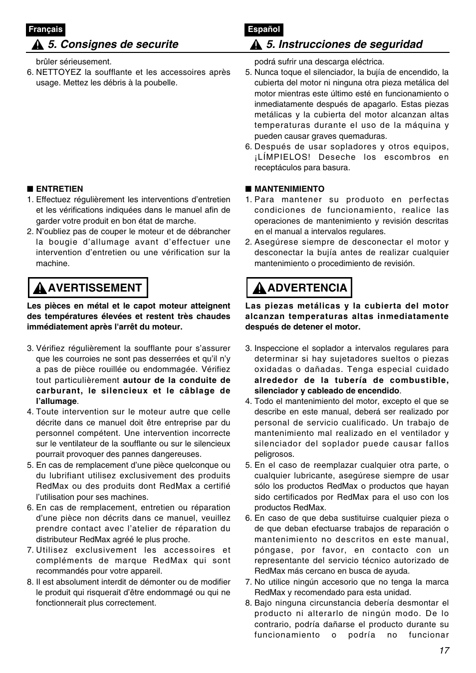 Avertissement | RedMax HBZ2601-CA User Manual | Page 17 / 52