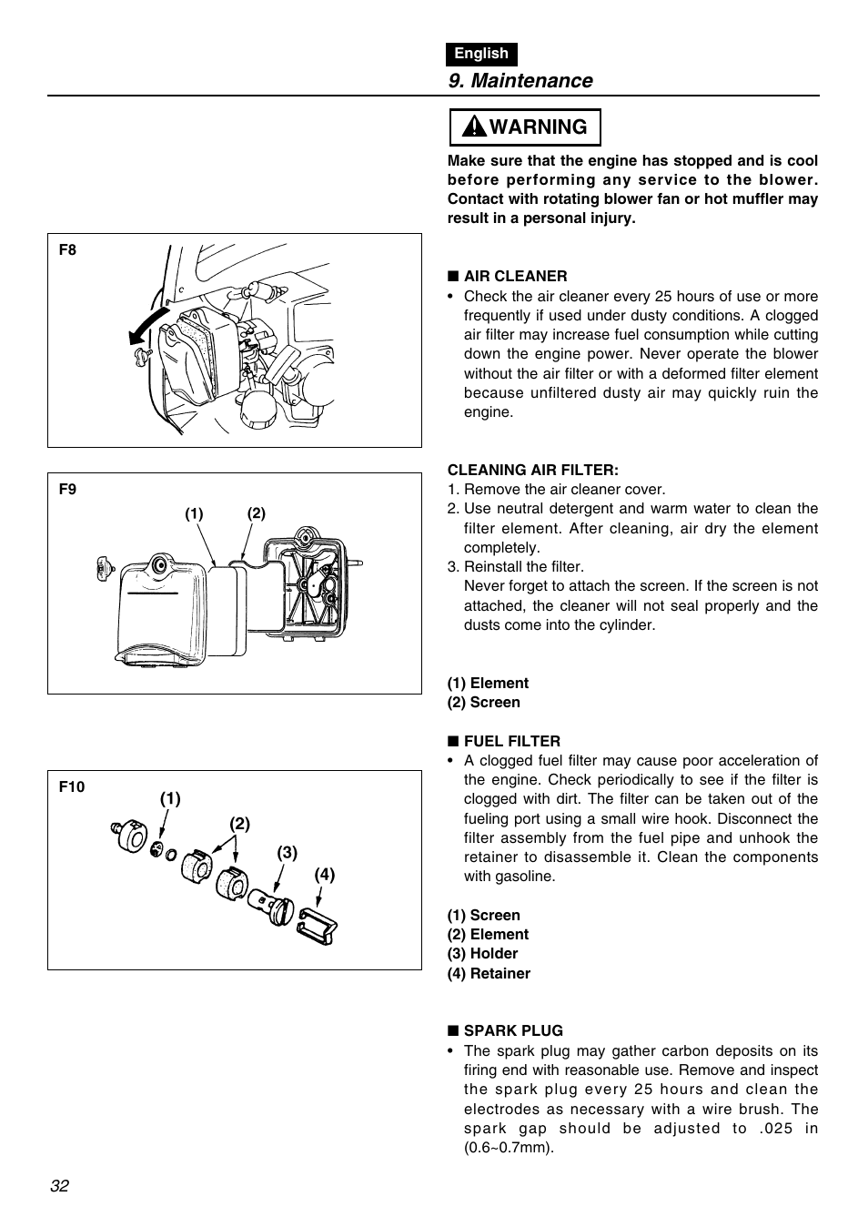 Maintenance, Warning | RedMax HBZ2601-CA User Manual | Page 32 / 52