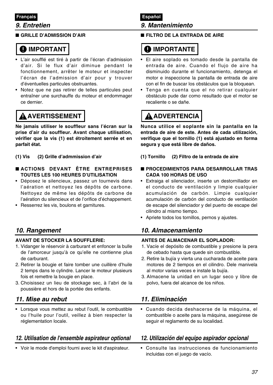Entretien 9. mantenimiento, Avertissement important, Advertencia importante | RedMax HBZ2601-CA User Manual | Page 37 / 52