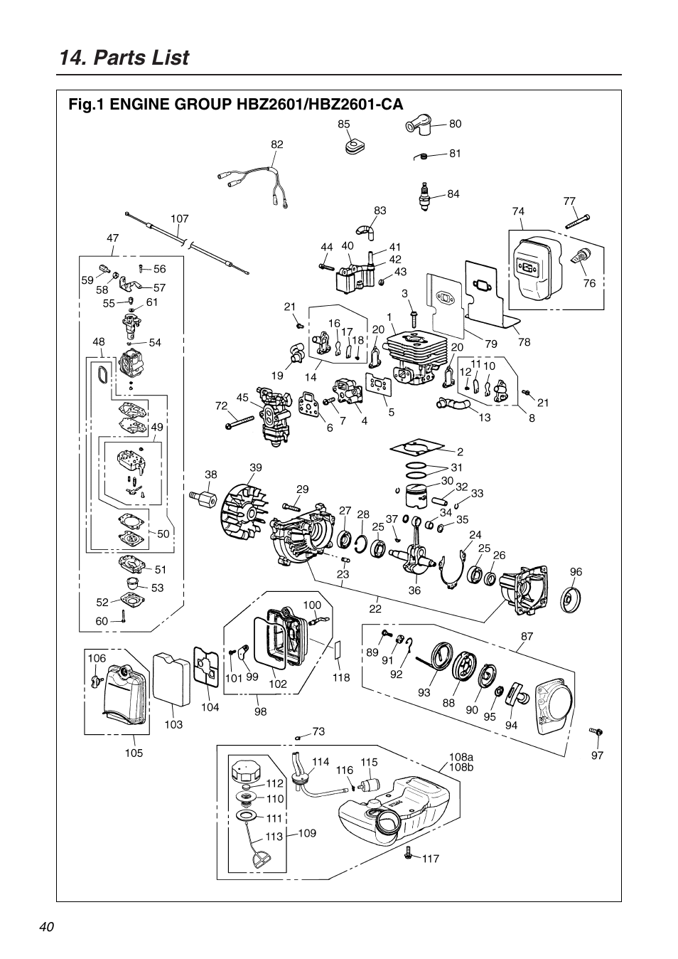 Parts list | RedMax HBZ2601-CA User Manual | Page 40 / 52