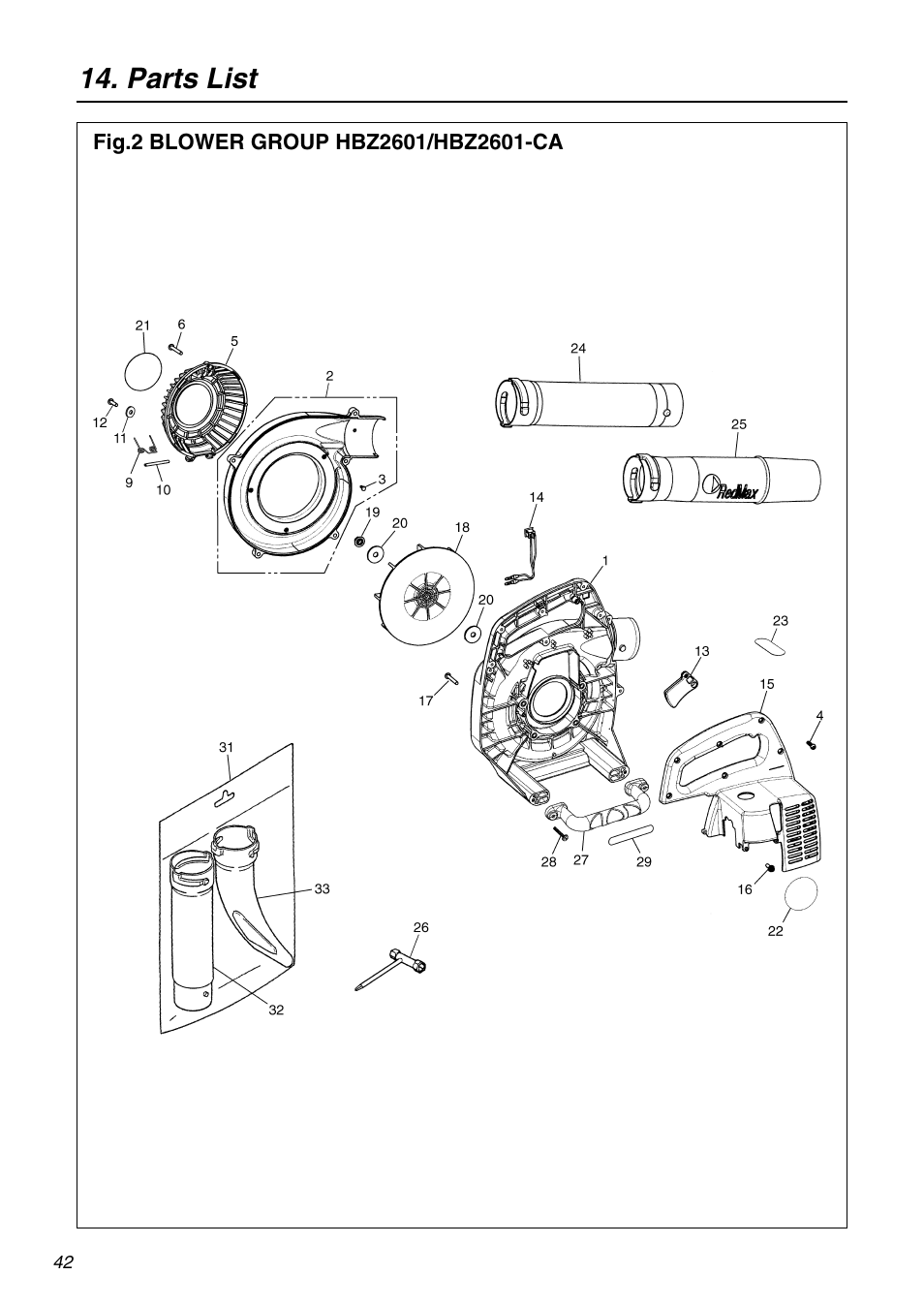 Parts list | RedMax HBZ2601-CA User Manual | Page 42 / 52