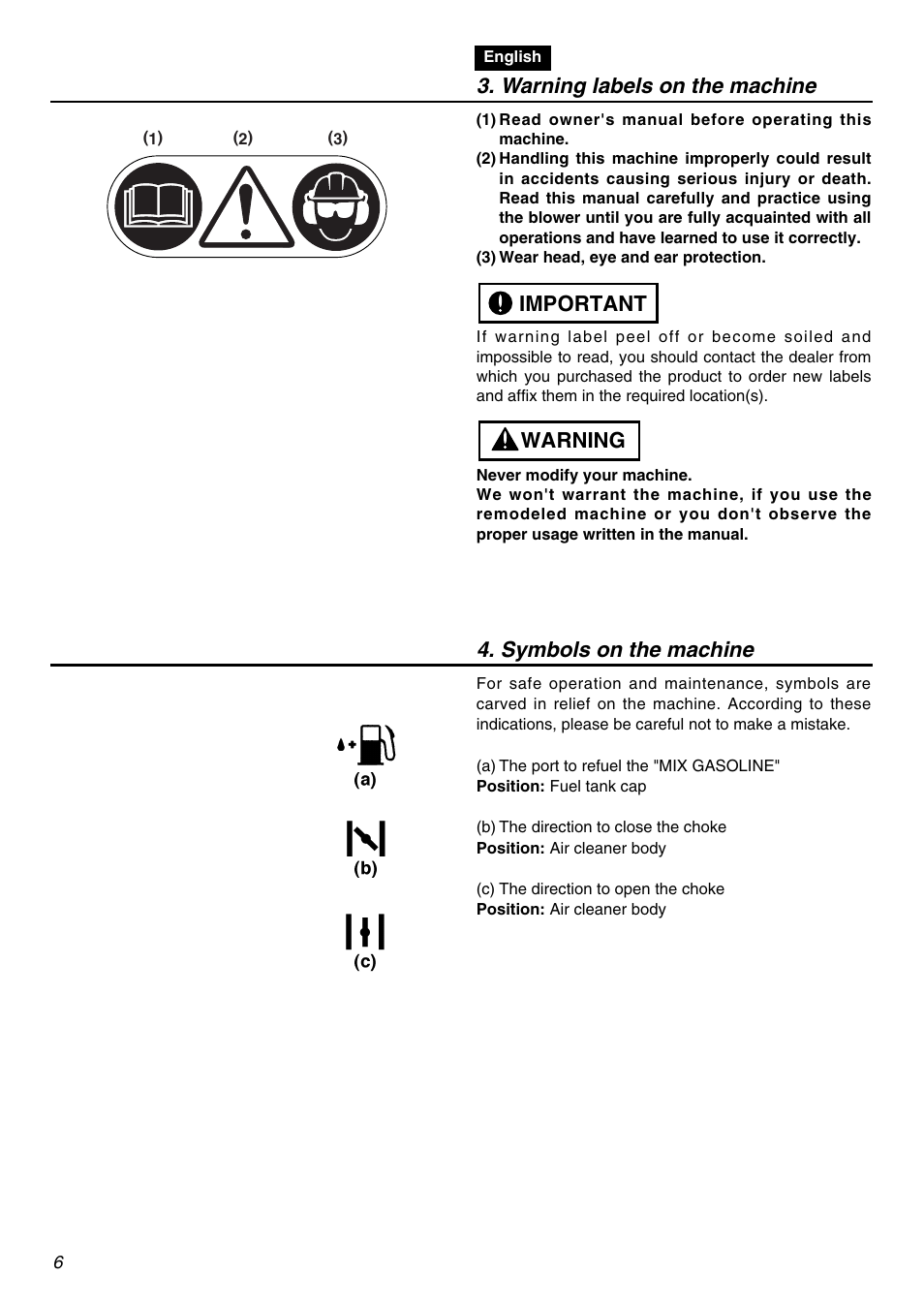 Warning labels on the machine, Warning important, Symbols on the machine | RedMax HBZ2601-CA User Manual | Page 6 / 52