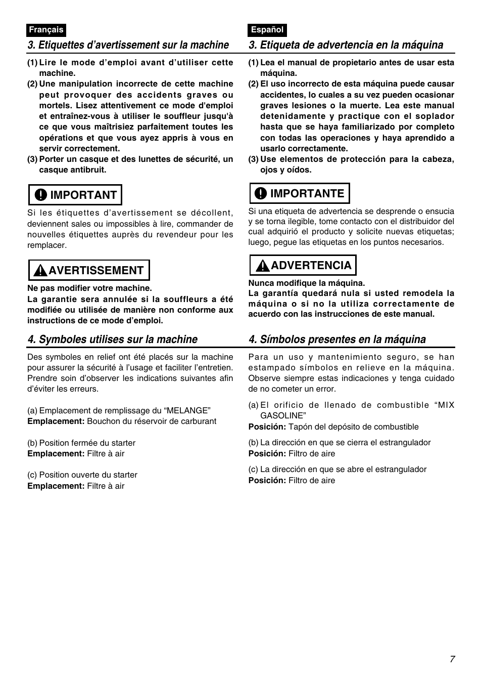 Avertissement important | RedMax HBZ2601-CA User Manual | Page 7 / 52