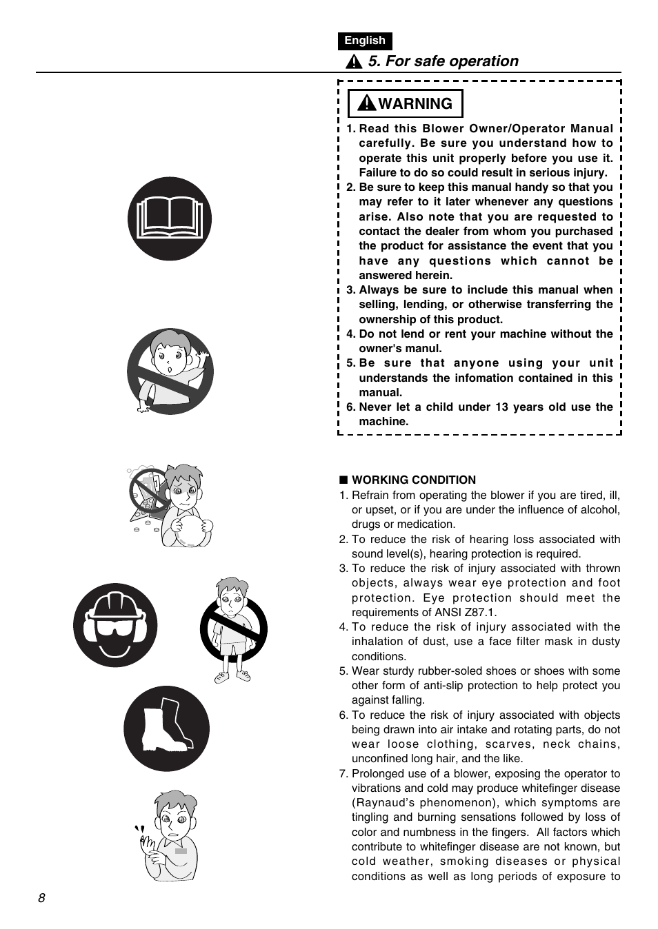 Warning 5. for safe operation | RedMax HBZ2601-CA User Manual | Page 8 / 52