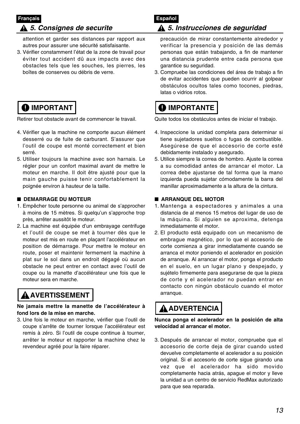 Avertissement important | RedMax PSZ2401-CA User Manual | Page 13 / 68